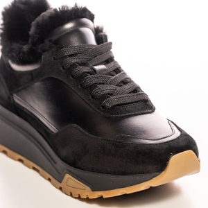 Sneakers damă negri piele & piele întoarsă, căptușiți blană
