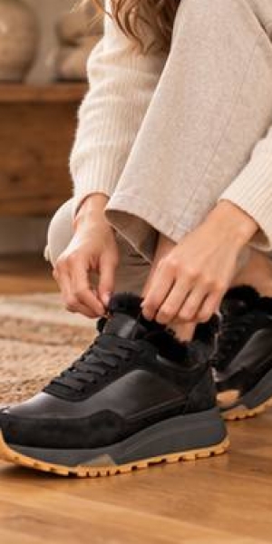 Sneakers damă negri piele & piele întoarsă, căptușiți blană