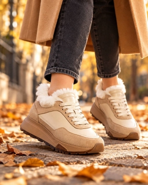 Sneakers damă bej din piele, căptușiți blană, talpă înaltă